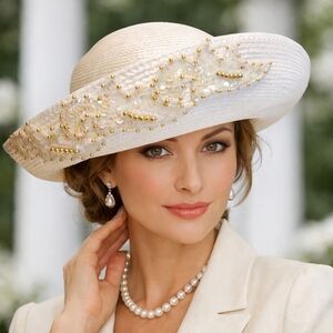 Vintage Pearl & Gold Beaded White Straw Hat Wide Brim Church Derby Hat